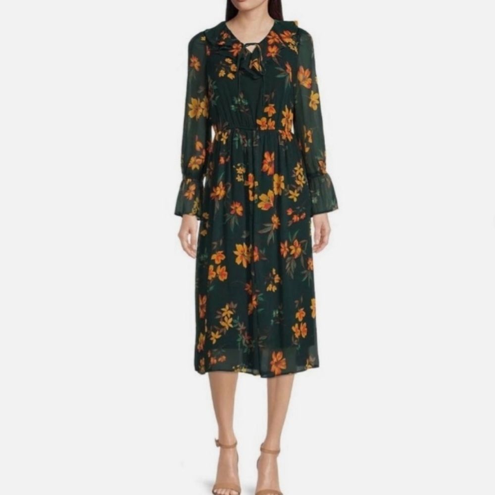 Calvin Klein Green Floral Midi Dress Sz 8 Prairie Flowy Autumn Fall Cottagecore